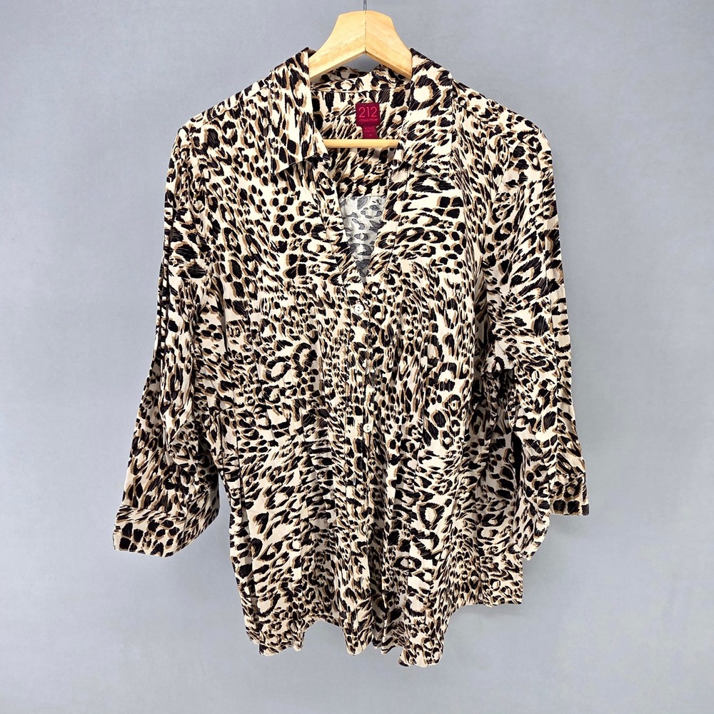 212 Collection Button Down Shirt Women 2X Brown Leopard Print Stretch Blouse Top